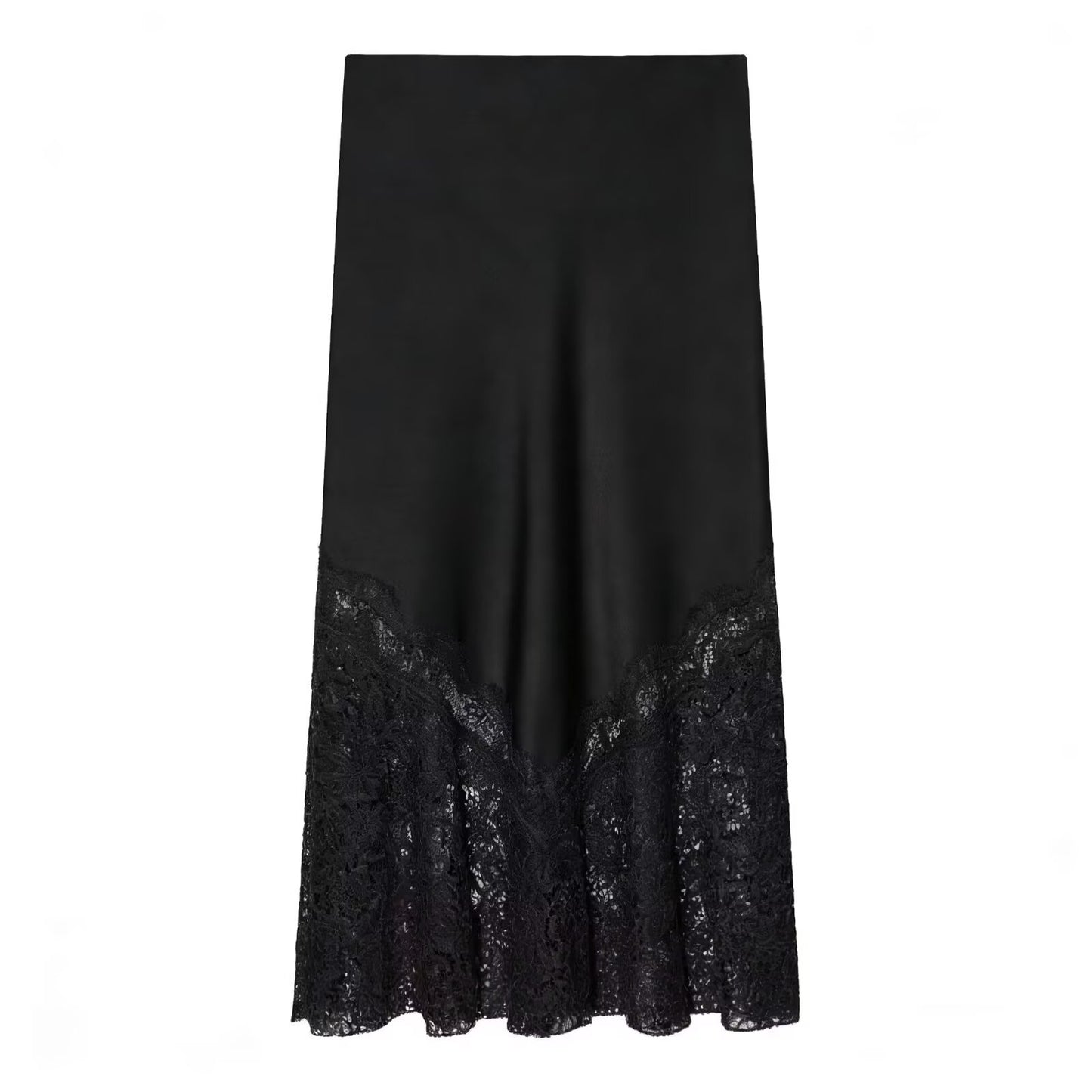 Women's lace hem satin texture MIDI skirt