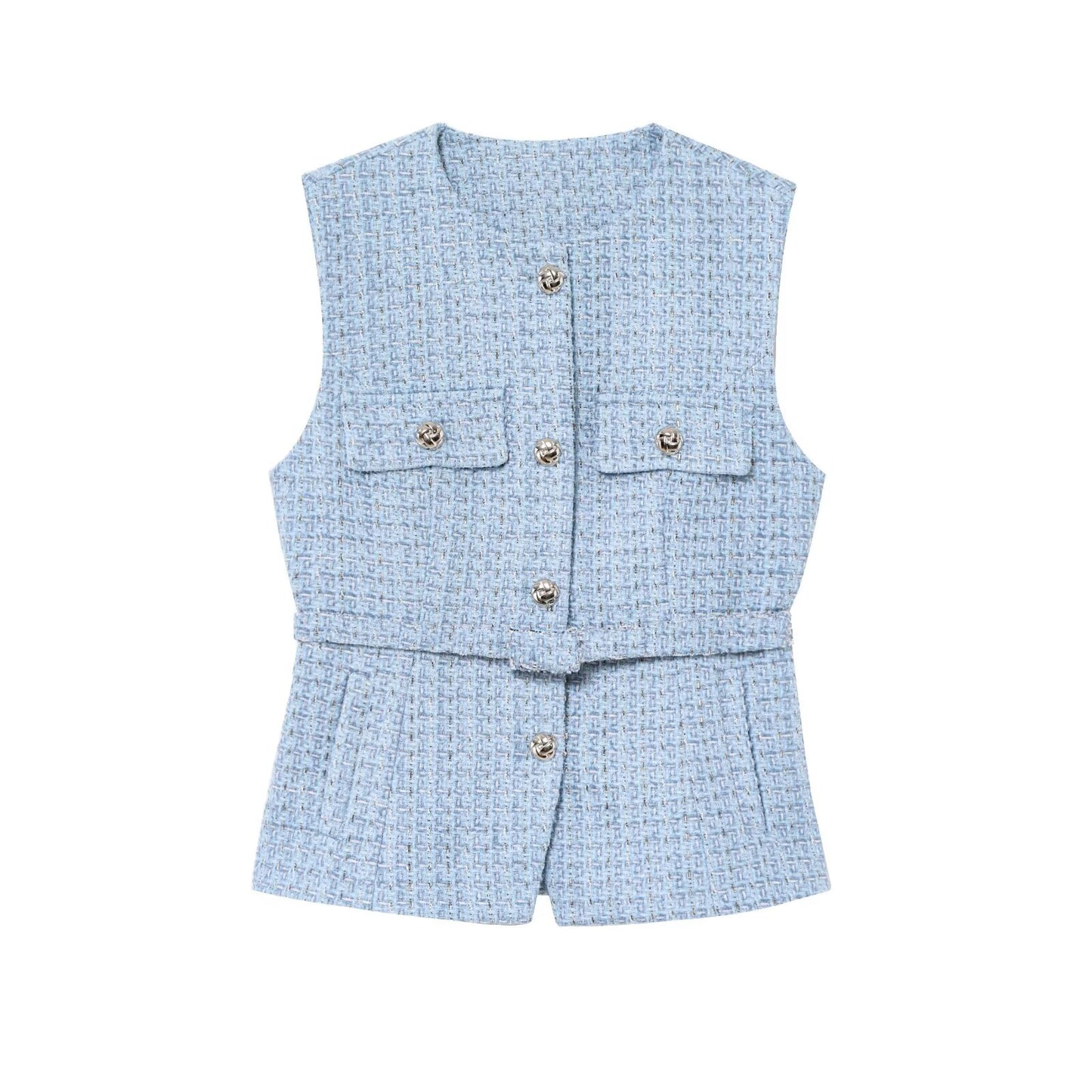 Women's new fashion with Belt bead decoration sleeveless textured vest