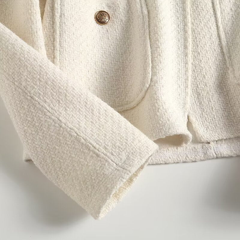 Women's gold button decoration O Neck textured Coat