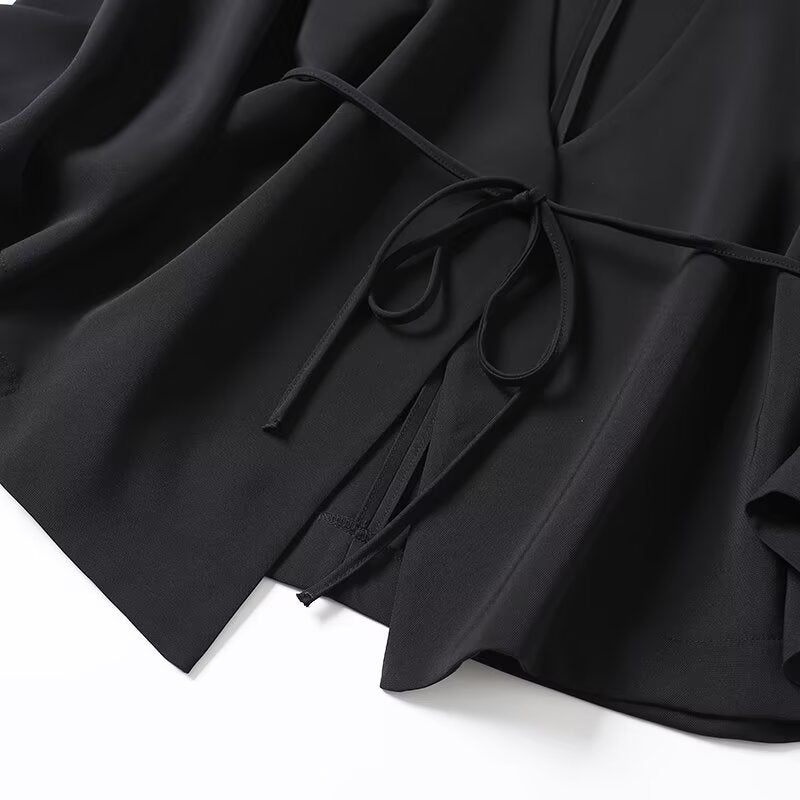 Women's new fashion black draped V-neck lace up shirt