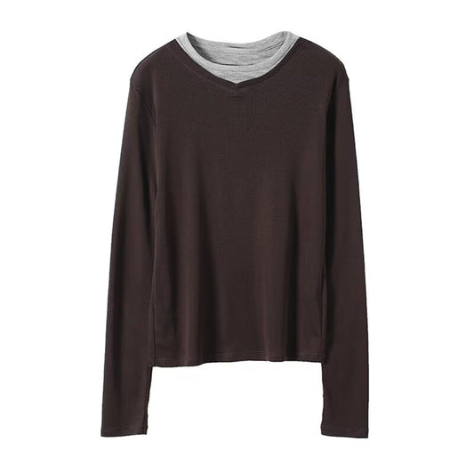Women's new interior style double-layer O Neck long sleeved T-shirt