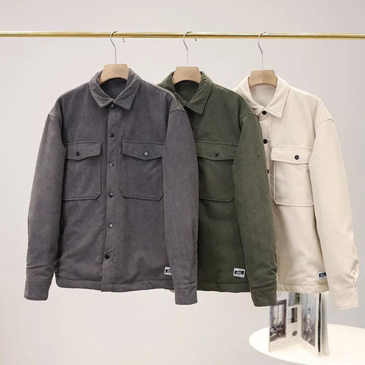 Men's New Fashion Casual Joker Tooling Flip Patch Pocket Corduroy Loose Shirt Coat Retro Coat.