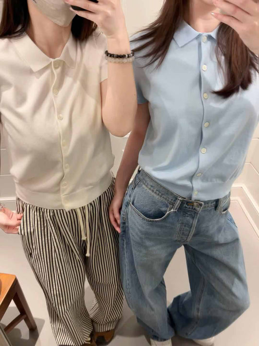 Women's New Fashion Joker Embroidered Cotton Knitted Lapel Short Sleeve Cardigan