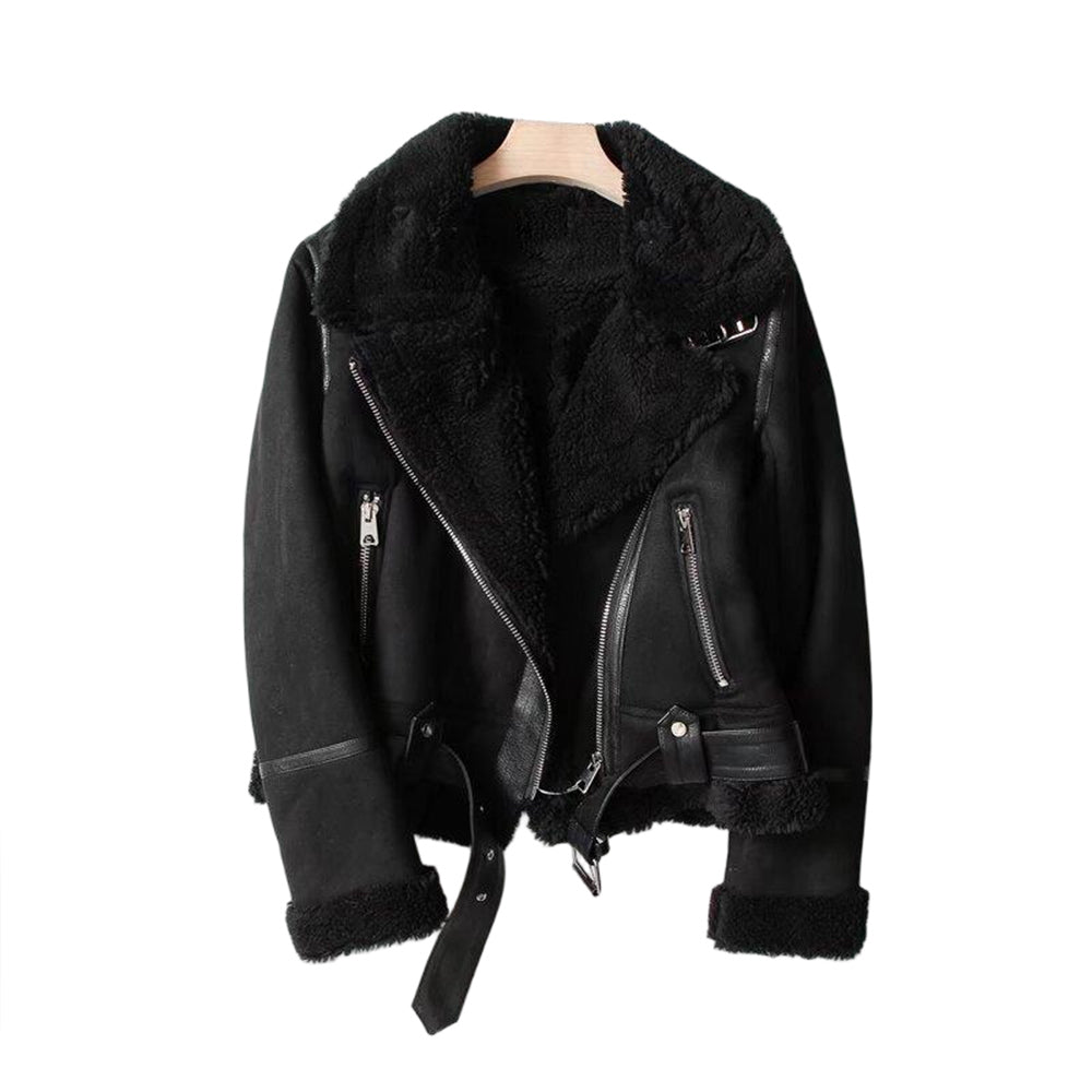 Women's with Belt double-sided Fur Faux Leather jacket Coat