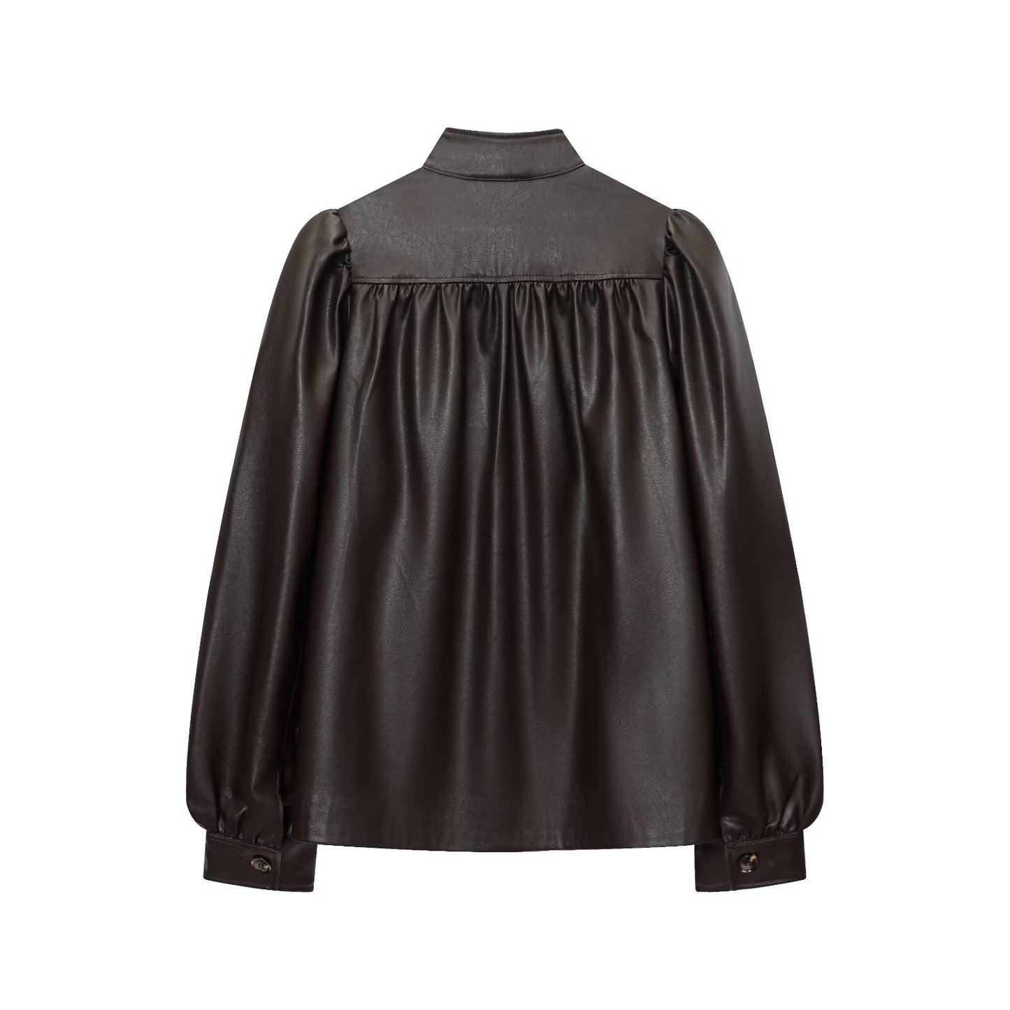 Women's pleated design stand collar faux leather jacket Coat