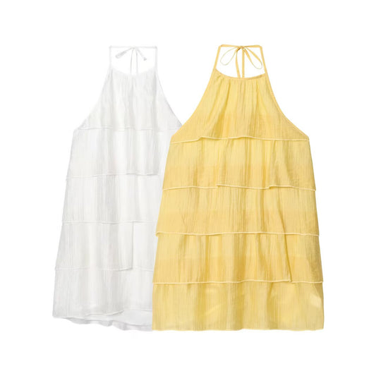Women's chic fashion layered decoration hanging neck mini dress