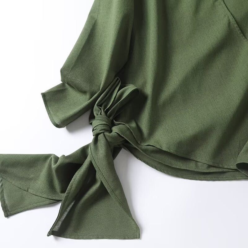 Women's new fashion knot decoration linen blended V-neck shirt
