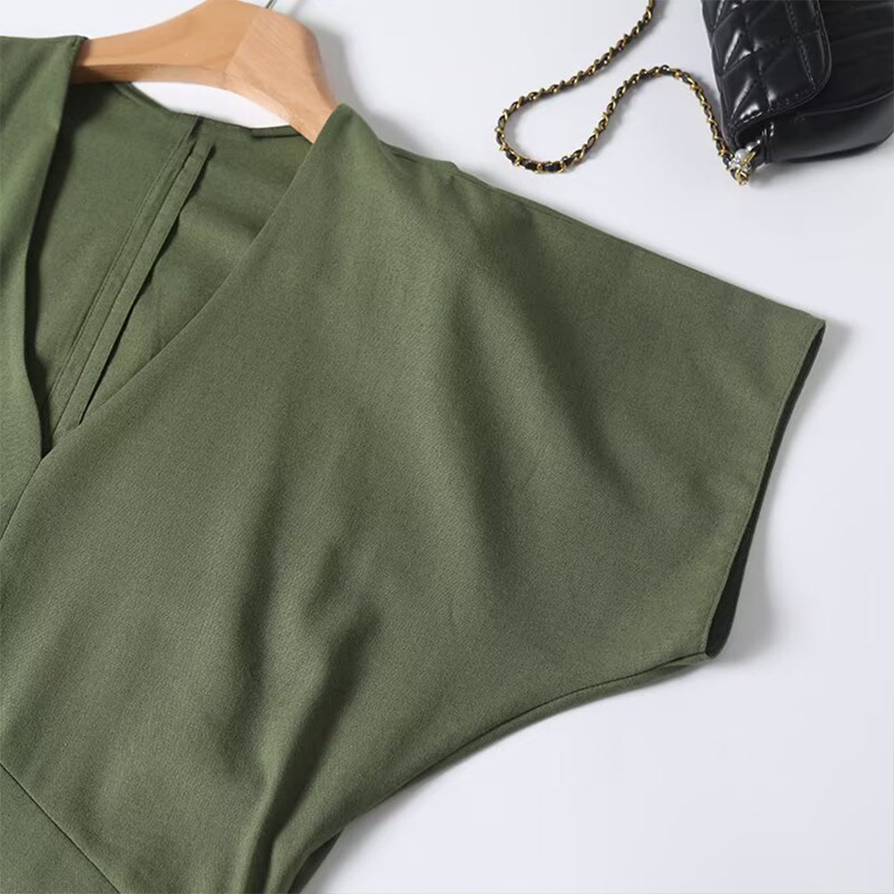 Women's new fashion short sleeved linen blended V-neck MIDI dress
