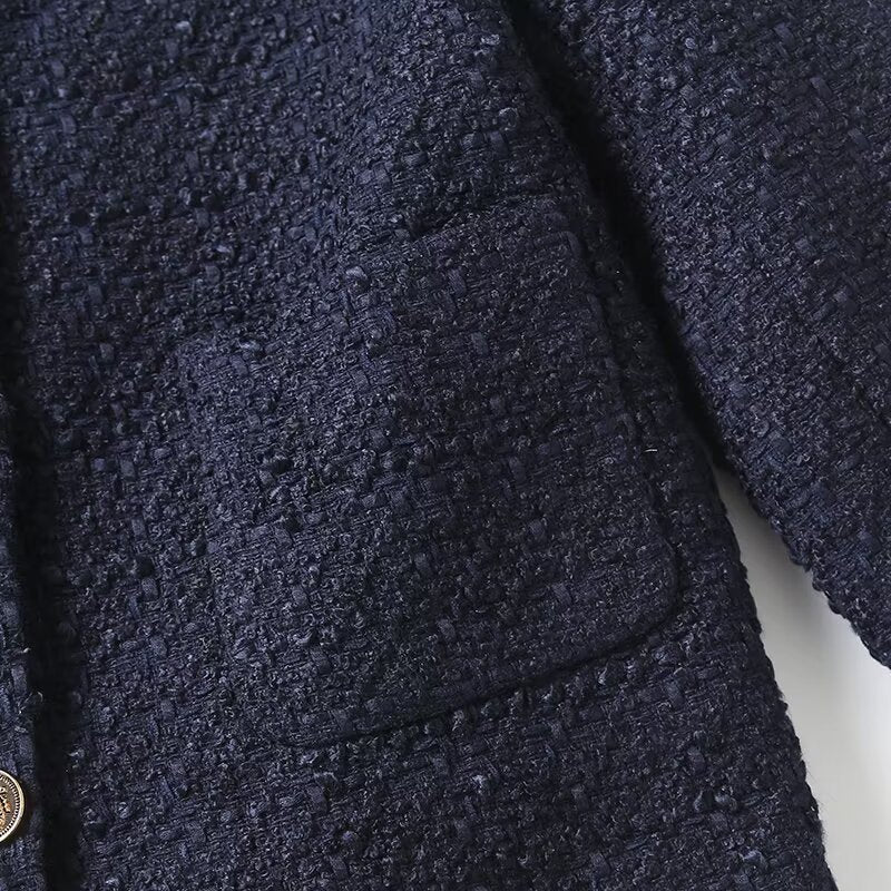 Women's gold button decoration short O Neck textured Coat