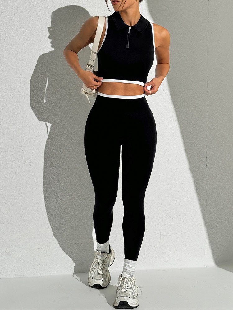 Women's 2025 new seamless contrast yoga clothes zipper sleeveless running bra fitness pants sports suit
