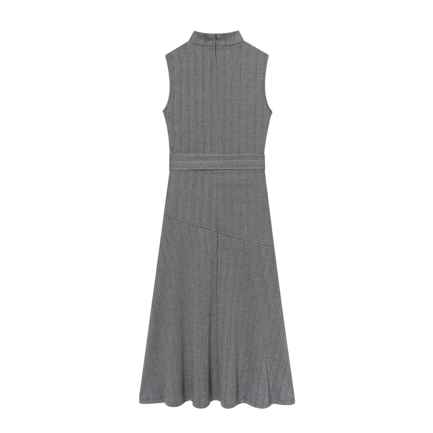 Women's New Fashion With Belt Sleeveless Twill Midi Dress