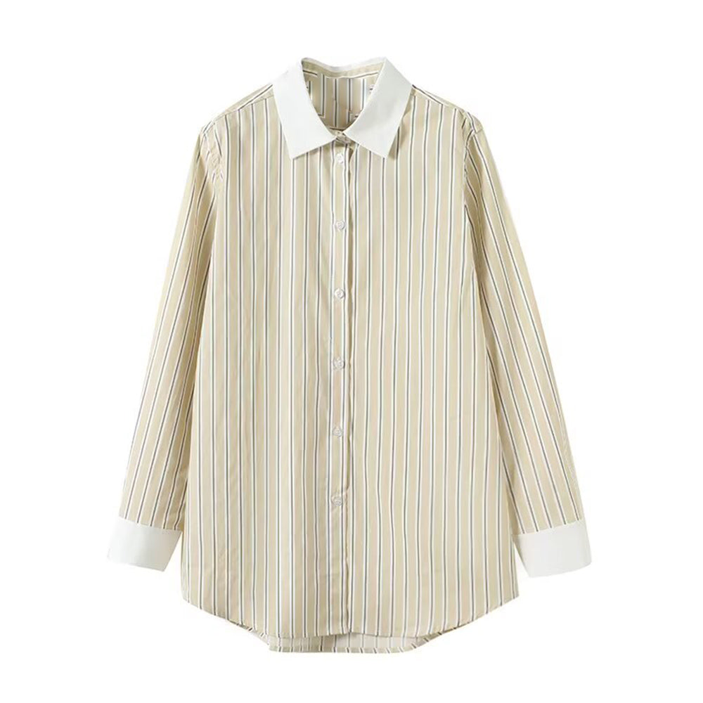 Women's new loose contrasting striped lapel shirt