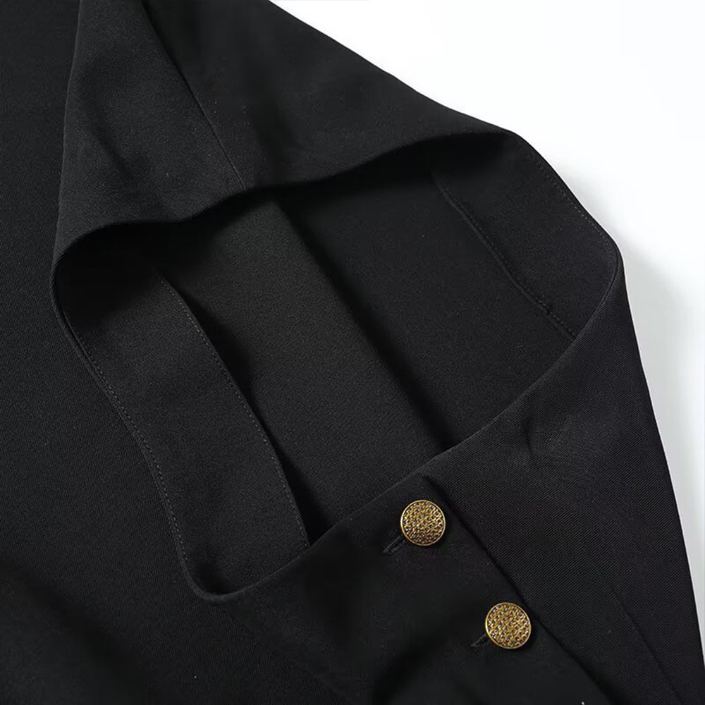 Women's buckle decoration black draped trumpet Midi skirt