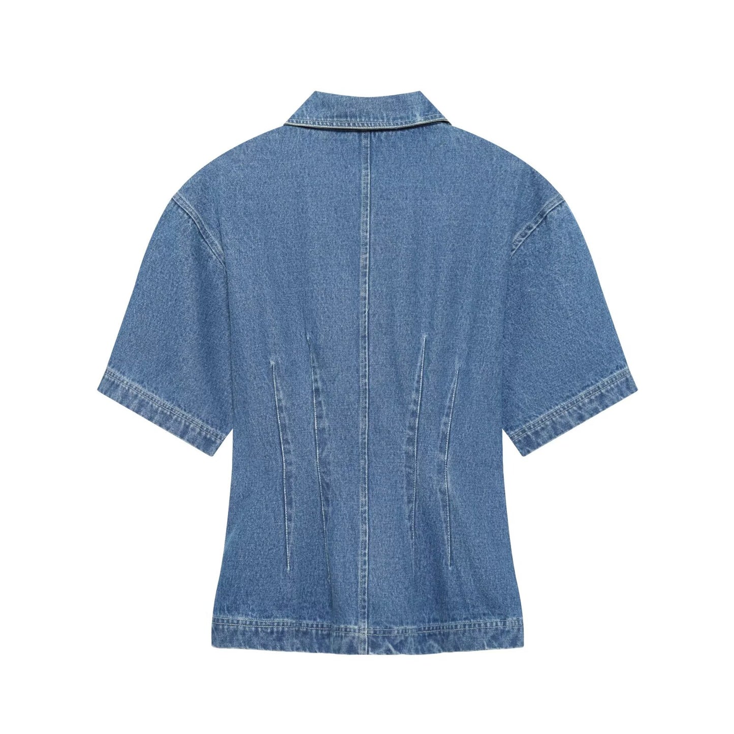 Women's short sleeved waist cinched denim shirt