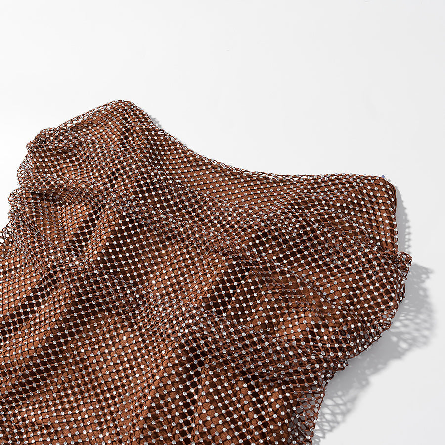 Women's new fashion diamond decorative tube top+mini overskirt suit.