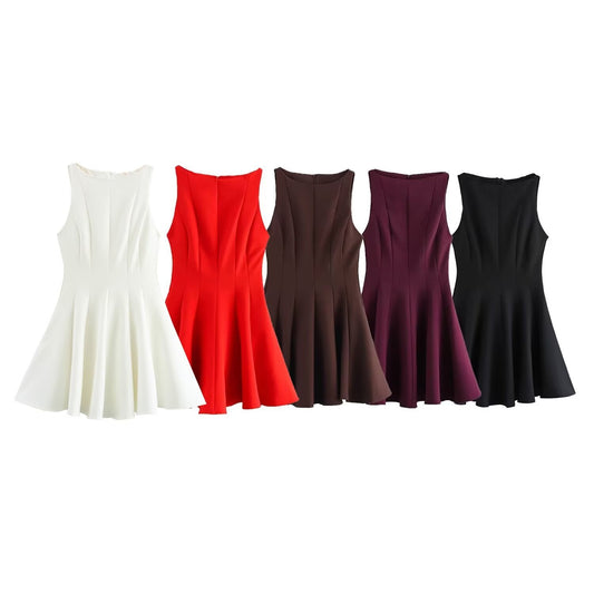 Women's new Chic Fashion slim fit versatile solid wide swing mini dress retro round neck sleeveless women's dress Mujer