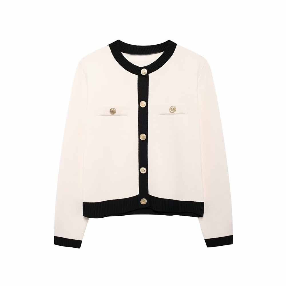 Women's new fashion gold button decoration slim short patchwork knitted coat retro O Neck long sleeved women's coat chic top 