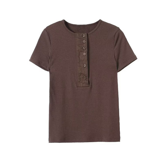 Women's new fashion buckle decoration short sleeved T-shirt top