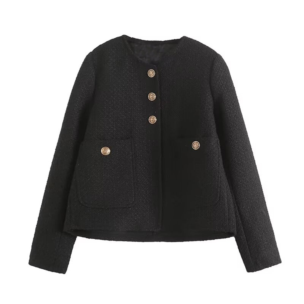 Women's gold button decoration O Neck textured Coat