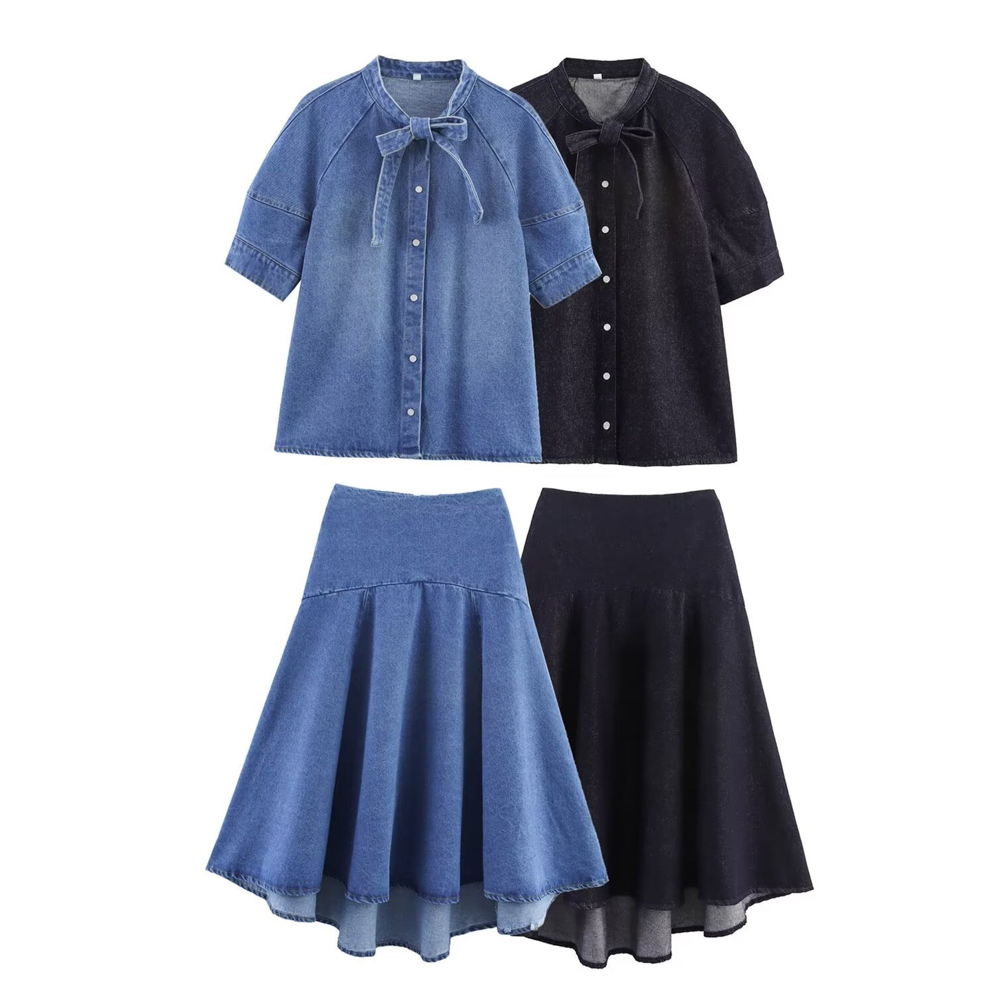 Women's new fashion bow decoration short sleeved denim shirt+Skirts suit