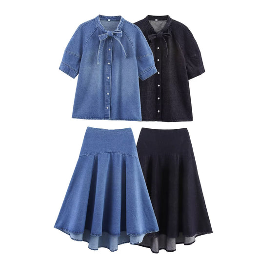 Women's new fashion bow decoration short sleeved denim shirt+Skirts suit