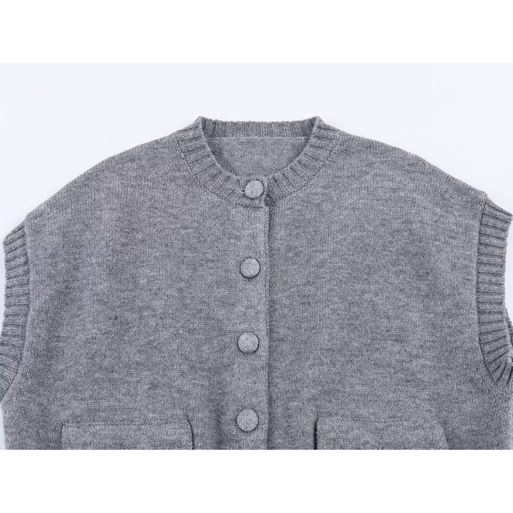 Women's pocket decoration short sleeveless knitted vest