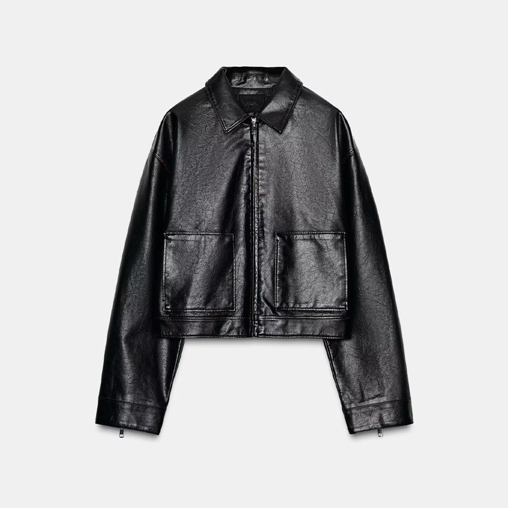 Women's new fashion black Lapel Faux Leather jacket Coat + Shorts Skirts