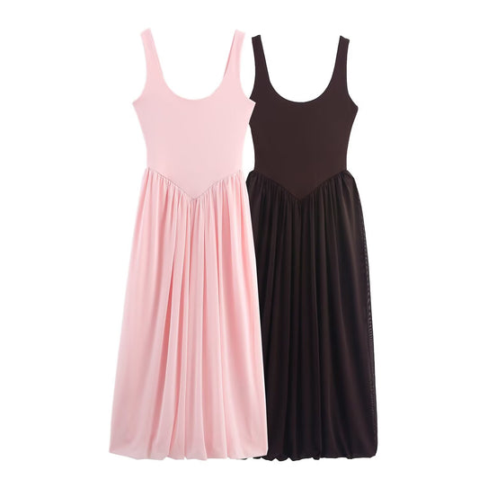 Women's New Fashion Sleeveless tulle Splicing Midi Dress
