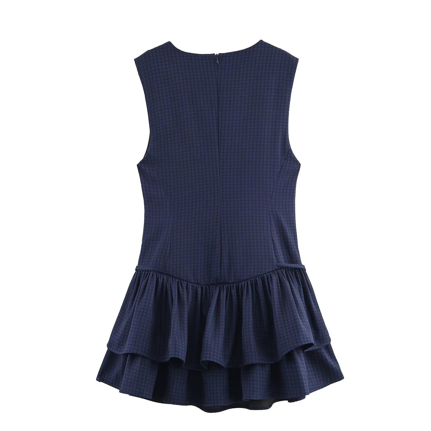 Women's new layered decoration sleeveless plaid mini dress