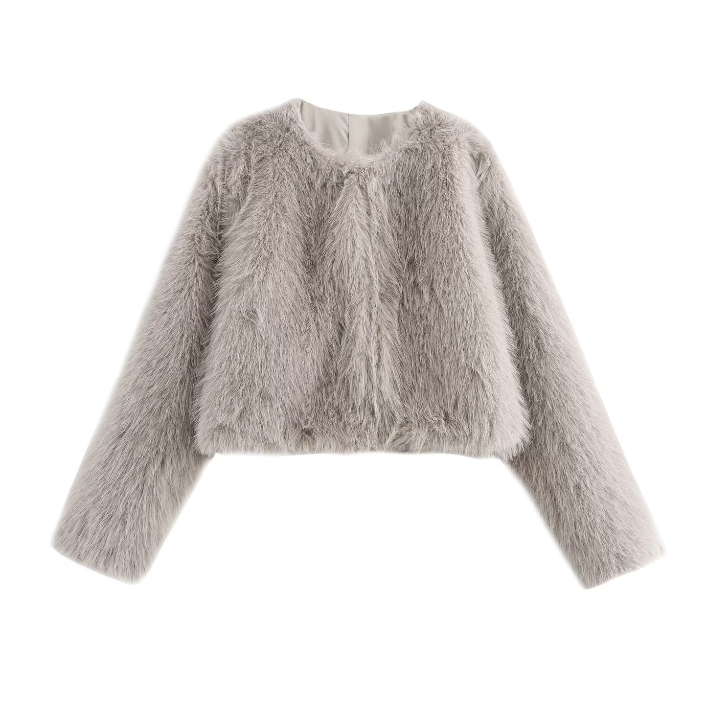Women's New Artificial fur effect short O Neck jacket Coat