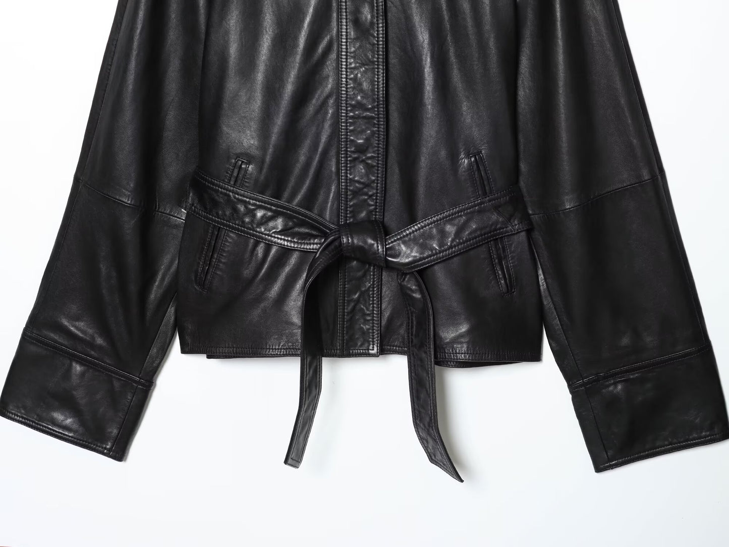 Women's with Belt Black Faux Leather Lapel Coat