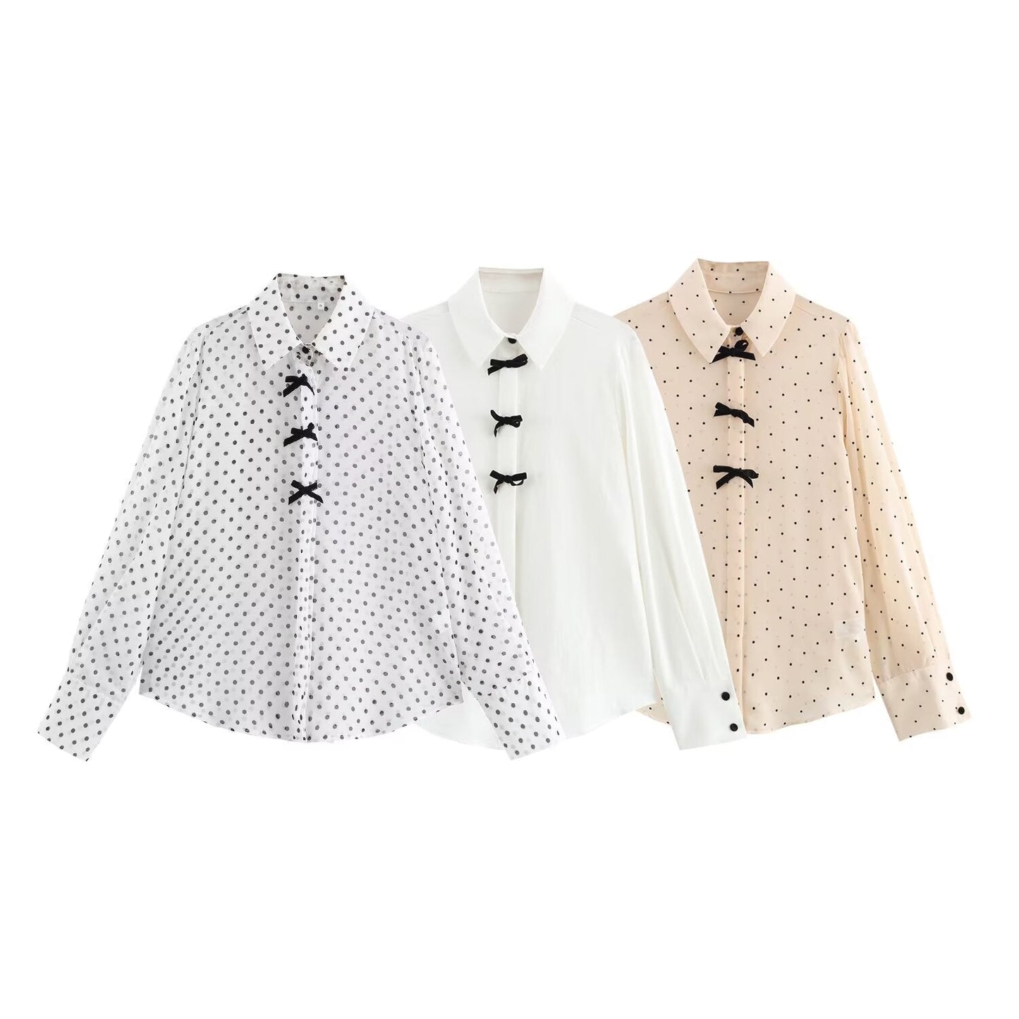 Women's 2025 new fashion bow decoration casual versatile polka dot printed shirt retro long sleeved button up women's shirt chic top