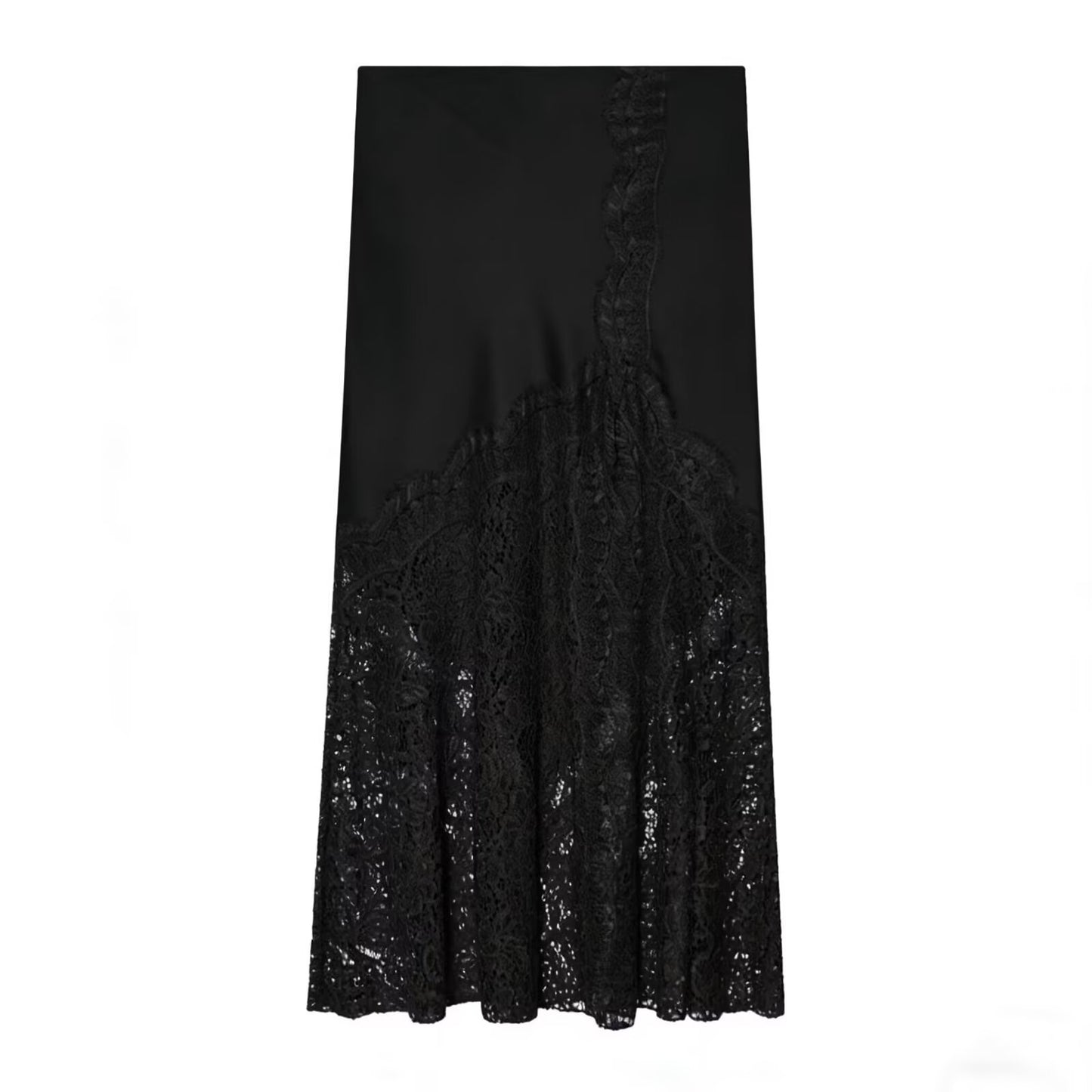 Women's lace hem satin texture MIDI skirt