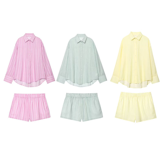 Women's new fashion loose long sleeved striped shirt+Shorts suit
