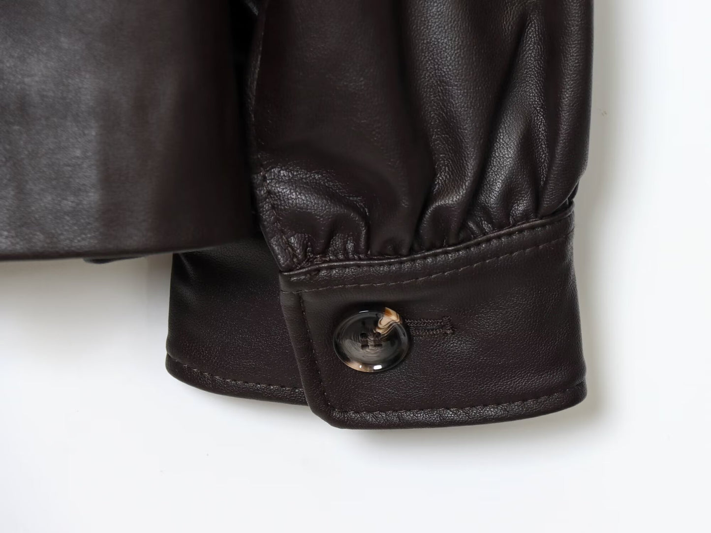 Women's pleated design stand collar faux leather jacket Coat