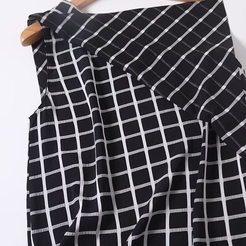 Women's new fashion plaid sloping shoulder sleeveless top
