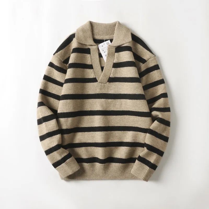 Men's New Fashion Casual Loose Striped Sweater Shirt Polo Neck Knitted Sweater Retro Long Sleeve Sweater