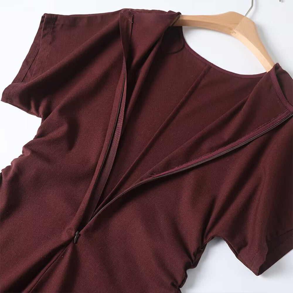 Women's new fashion pleated waist cinched O Neck short sleeved MIDI dress