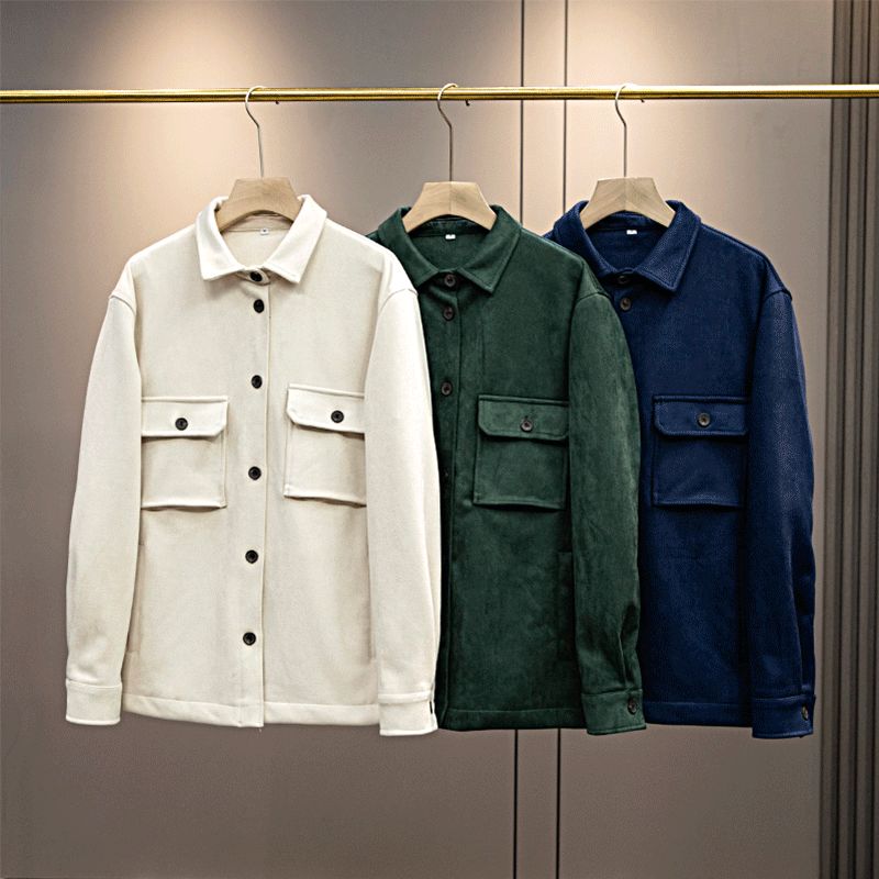 Men's New Fashion Joker Pocket Decorative Suede Texture Effect Shirt Coat Retro Lapel Chic Men's Coat