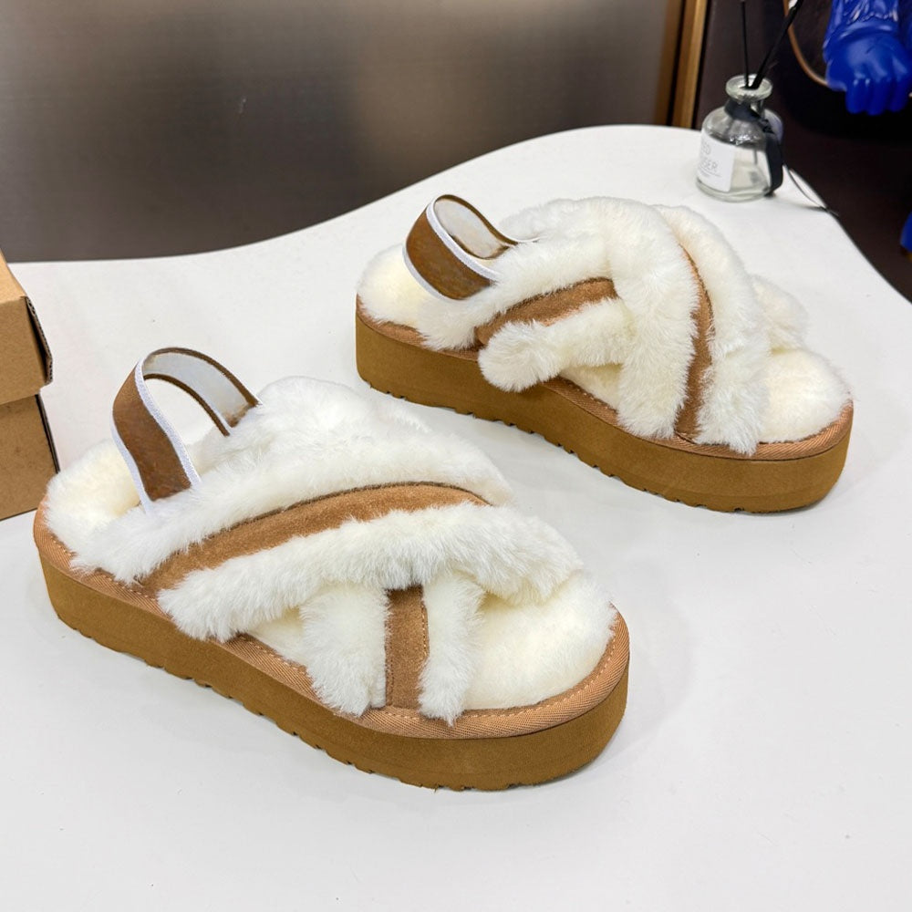 Women's new thick-soled long-haired slippers have a shoe box