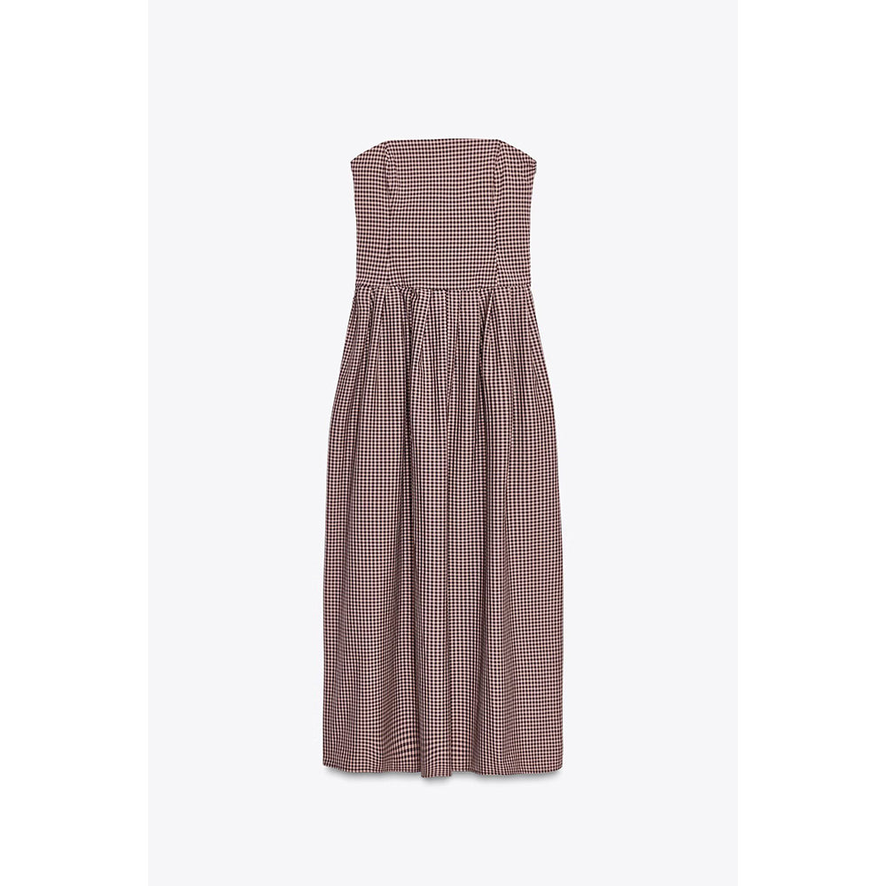 Women's Summer Fashion plaid strapless Midi Dress