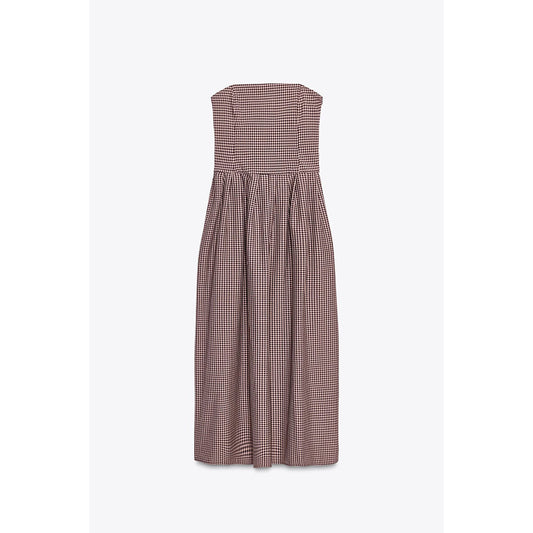 Women's Summer Fashion plaid strapless Midi Dress