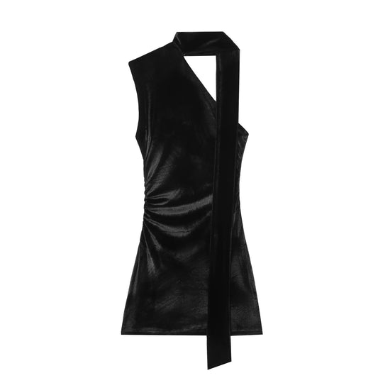 Women's new scarf decoration slim pleated velvet mini dress