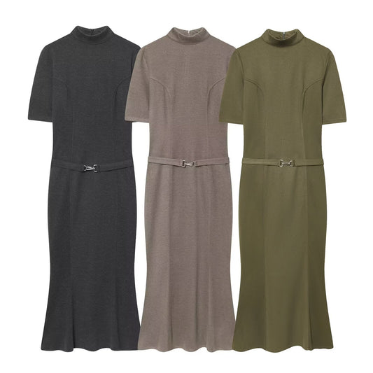 Women's With Belt Soft Texture Short Sleeve Dress