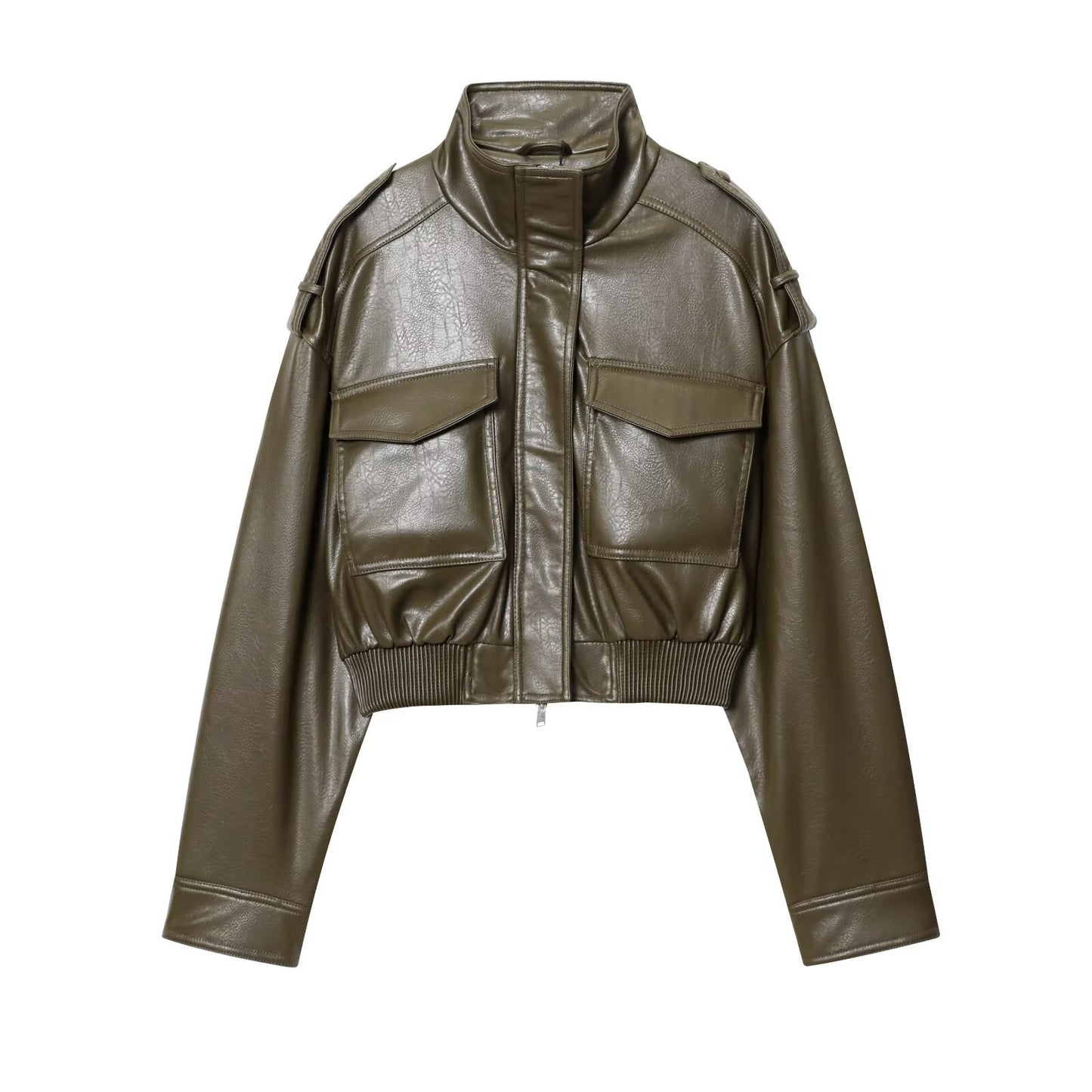 Women's new fashion faux leather effect short stand collar jacket Coat