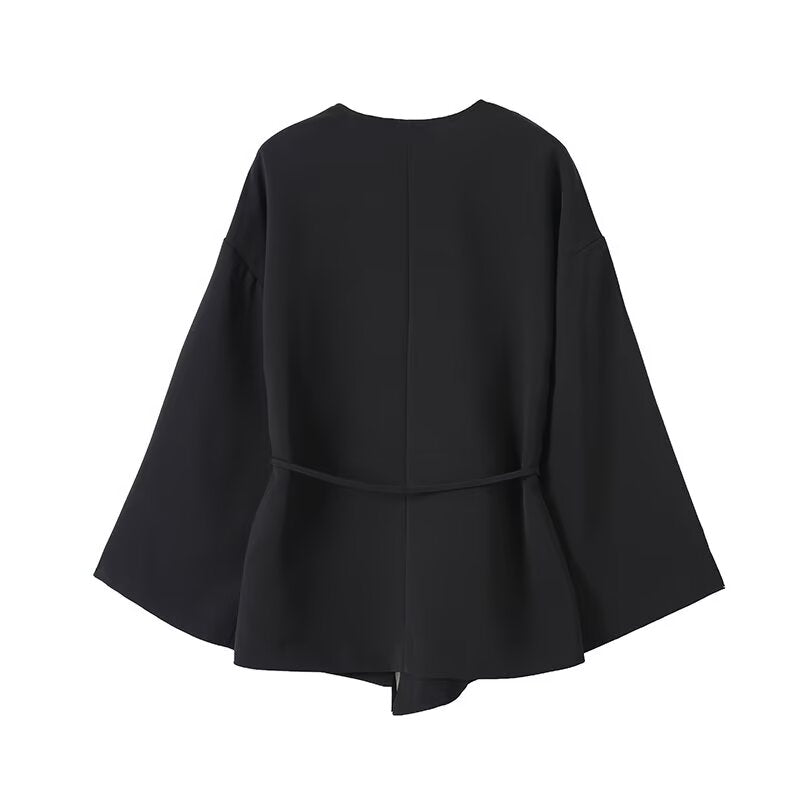 Women's new fashion black draped V-neck lace up shirt