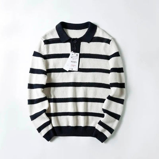 Men's New Fashion Joker Retro Striped Sweater Men's Lapel Top Advanced POLO Shirt