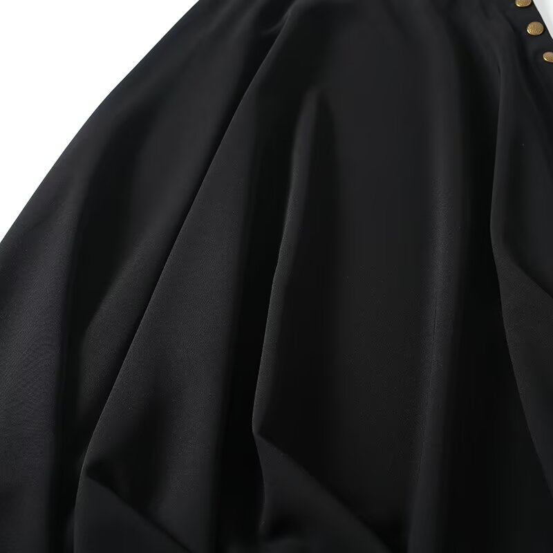 Women's buckle decoration black draped trumpet Midi skirt