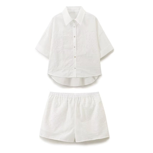 Suit women's 2 pieces 2025 fashion embroidered shirt retro women+shorts women's suit