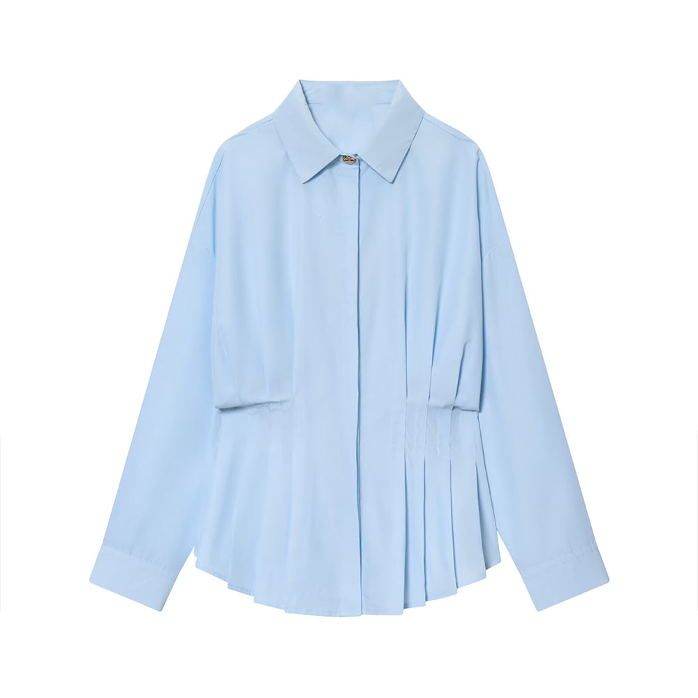 Women's new fashion long sleeved pleated poplin shirt